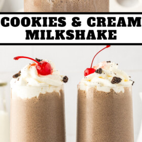 Cookies & Cream Milkshake in a glass with a cherry and a straw.