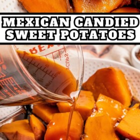 Candied sweet potatoes with syrup being poured on top of them in a bowl.