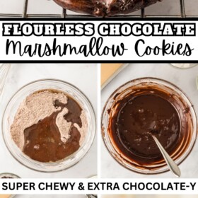 A bowl with chocolate batter in it with marshmallows and chocolate chips being mixed in and a stack of Flourless Chocolate Marshmallow Cookies.