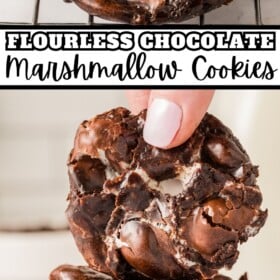 Flourless Chocolate Marshmallow Cookies on a cooling rack and stacked on top of each other.