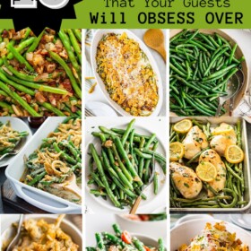 9 different green bean recipes served in bowls and on plates.