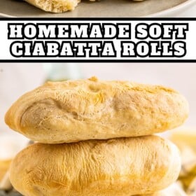 Ciabatta Rolls stacked on top of a plate and a bite taken out of a roll on a plate.