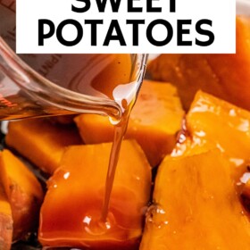 Mexican candied sweet potatoes with syrup being poured on top.