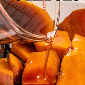 Syrup being poured over tender sweet potatoes.