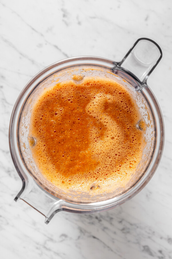 Pureed tomato sauce in a blender.