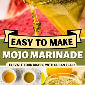 Ingredients for marinade in bowls, a jar of Cuban Mojo Marinade and marinade being poured on top of a steak.
