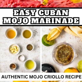 Cuban Mojo Marinade being prepared in a jar and poured on top of raw beef.