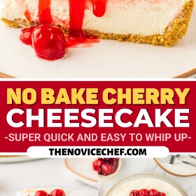 No bake cherry cheesecake on a pedestal and on a plate with a fork taking a bite.