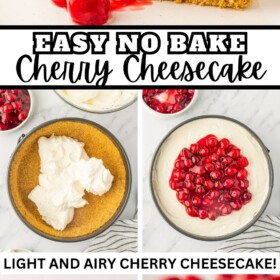 No bake cheesecake being prepared in a spring form pan and a slice of cheesecake on a plate.