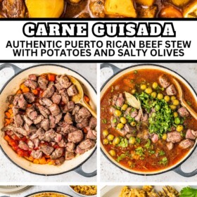 Carne Guisada being made in a skillet with a wooden spoon and a serving with on a plate with rice.