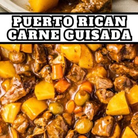Puerto Rican Carne Guisada in a skillet with a wooden spoon.