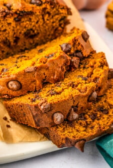 Sweet pumpkin bread with chocolate chips, cut into thick slices.