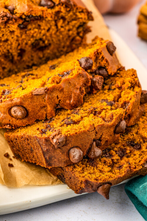 Sweet pumpkin bread with chocolate chips, cut into thick slices.