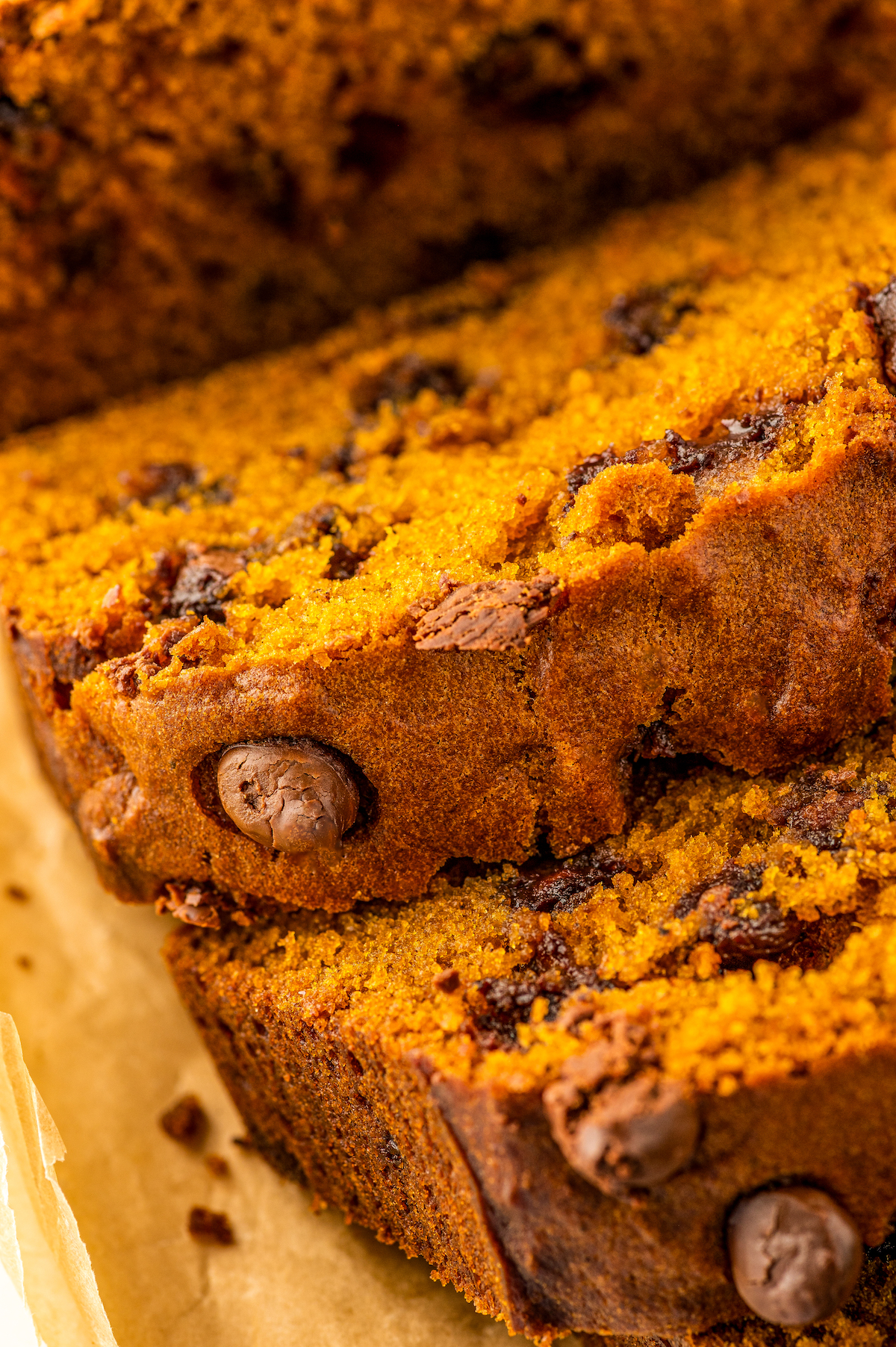 Close-up of slices of pumpkin bread on a piece of parchment paper.
