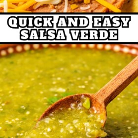 A bowl of salsa verde with a wooden spoon scooping up a serving.