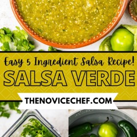 Salsa verde in a bowl and ingredients in a pot with water and then in a blender.