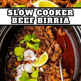 Slow cooker birria shredded in the sauce with a spoon scooping out a serving.