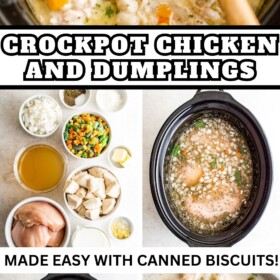 Bowls of ingredients, chicken breasts and vegetables in broth in a crockpot and biscuits being added to the crockpot and a bowl of chicken and dumpling soup.