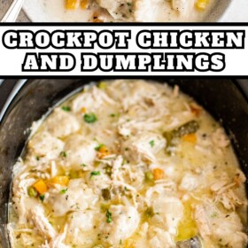 A crockpot filled with chicken and dumplings with a wooden spoon in the crockpot and a bowl of soup.