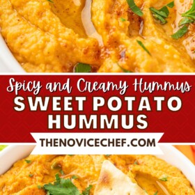 Sweet Potato Hummus in a bowl with pita chips.