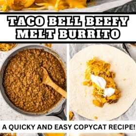 Filing being made in a skillet, burritos being formed, and Beefy Melt Burrito sliced in half on a tray.