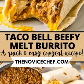 Beefy Melt Burrito cut in half and a skillet filled with taco meat filling.