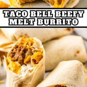A Beefy Melt Burrito sliced in half with cheese sauce and sour cream inside.