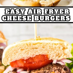 Cheese stuffed air fryer burger on a plate and cut in half to show the cheese center.