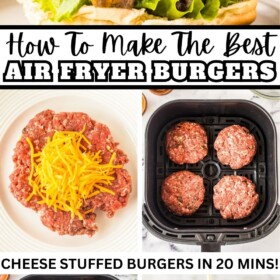 Air fryer cheeseburgers being cooked in an air fryer basket and on a bun with all the toppings.