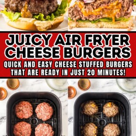 Air fryer burgers stuffed with cheese on a plate, cut in half, and being cooked in an air fryer basket.