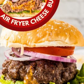 Air Fryer burger stuffed with cheese on a bun with all the toppings.