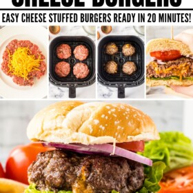 Burger being cooked in an air fryer basket and on a plate with a bun and toppings.