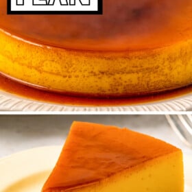 Flan on a plate with caramel sauce on top.