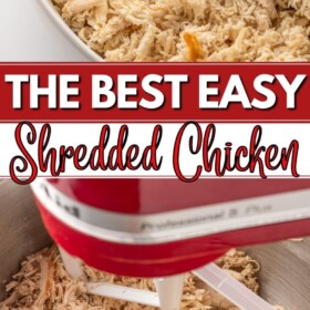Shredded chicken in a bowl and a stand mixer shredding the chicken breasts.