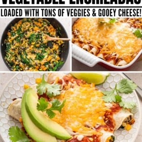 Vegetables in a skillet, and vegetarian enchiladas on a plate and in a casserole dish.