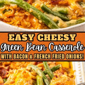 A bowl of Cheesy Green Bean Casserole and a spoon scooping up a serving out of a casserole dish.