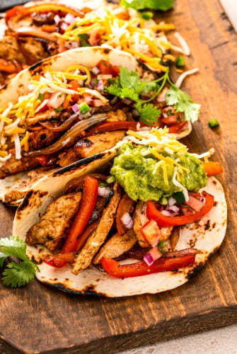 Fajitas made with homemade chicken fajita marinade.