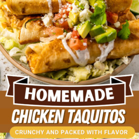Chicken taquitos being fried in a skillet and topped with toppings.