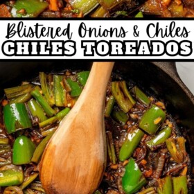 Chiles Toreados in a skillet with a wooden spoon.