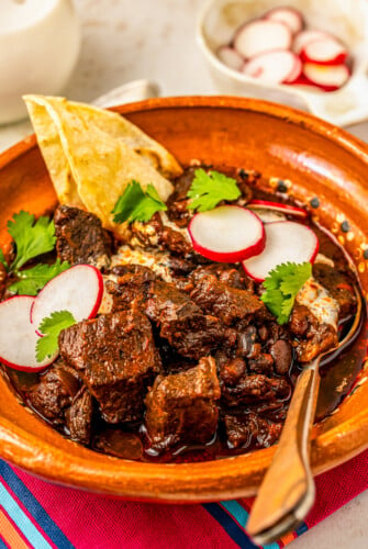 Chili con carne in an earthenware bowl with a corn tortilla, sliced radish, and cilantro.