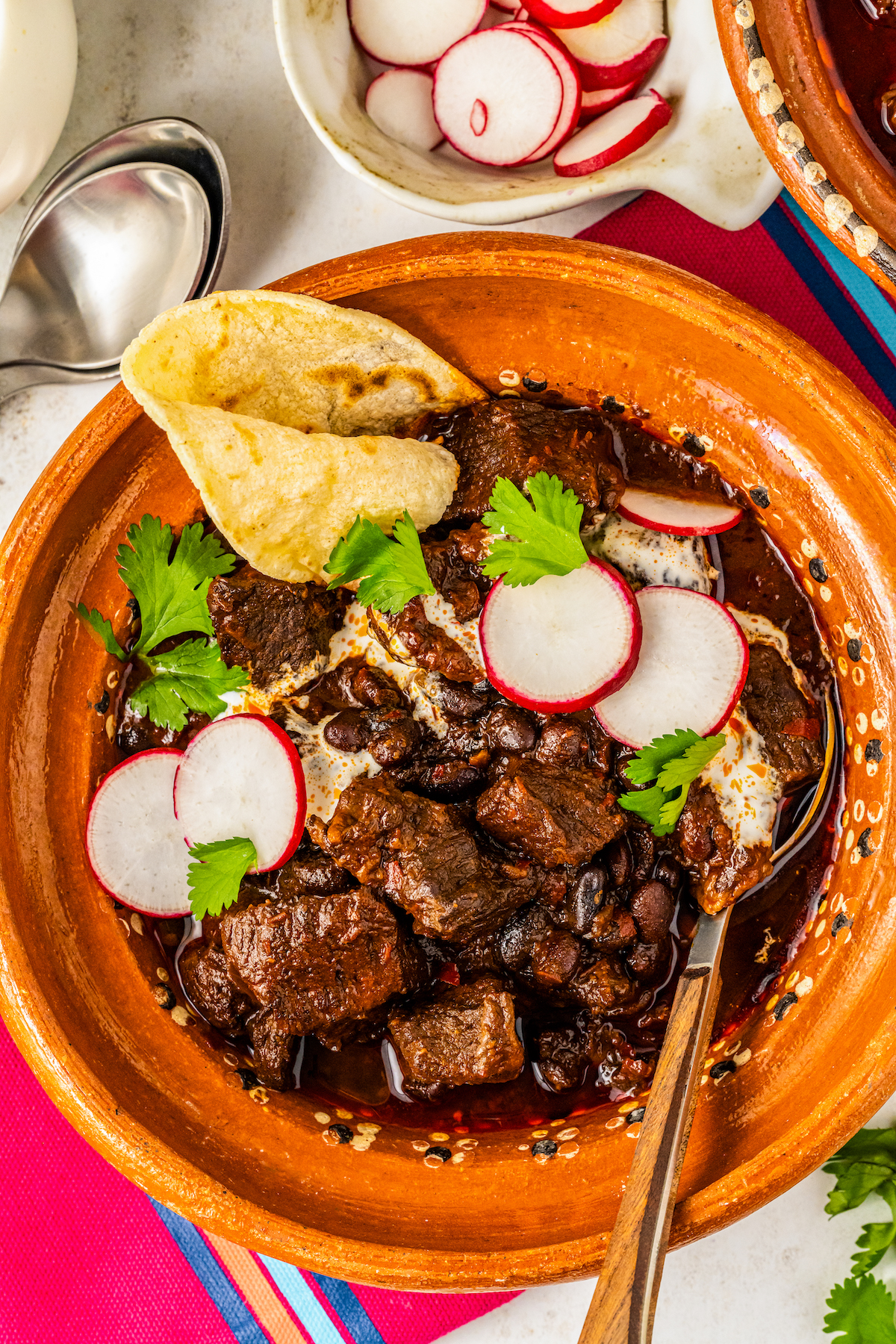 Overhead shot of homemade beef chili with a tortilla and radishes.