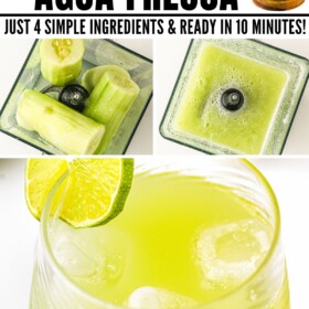 Cucumber Agua Fresca being made in a blender and in a glass with ice.