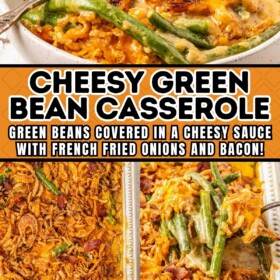 Cheesy Green Bean Casserole in a casserole dish and a serving in a bowl.