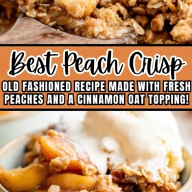 Peach crisp in a casserole dish and a serving in a bowl with ice cream on top.