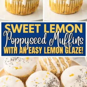 A plate full of lemon poppyseed muffins and two muffins stacked on top of each other and a bite taken out of a muffin.