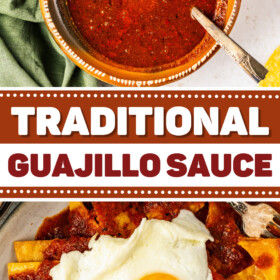 Guajillo Sauce in a bowl and drizzled over tortilla chips with a fried egg on top.