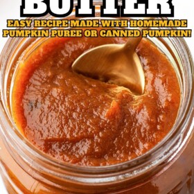 A jar of homemade pumpkin butter with a spoon in it.