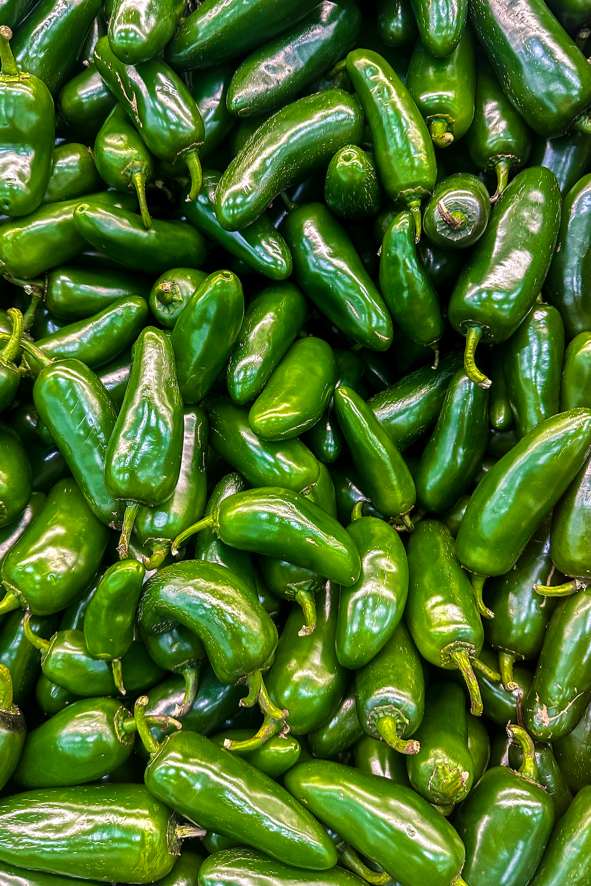 Jalapeños piled into a crate.