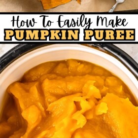 A roasted pumpkin with skin being pulled off and Pumpkin Puree in a bowl.