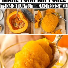 Pumpkin with skin being removed and homemade pumpkin puree in a bowl with a spoon scooping up a serving.